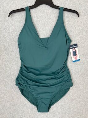 Lands End Womens One Piece Swimsuit Large Teal Green Rusched UPF50 Beach READ